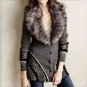 Anthropologie Gray Faux Fur Trim Cardigan